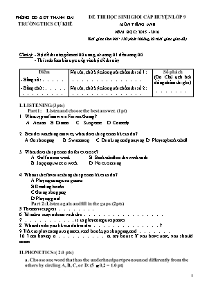 Đề thi học sinh giỏi cấp huyện môn Tiếng Anh Lớp 9 - Năm học 2015-2016 - Trường THCS Cự Khê (Có đáp án)